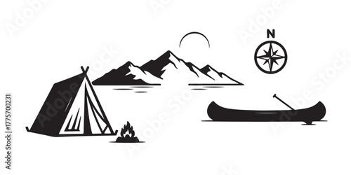 Outdoor Adventure Black and White Landscape Illustration with Tent Bonfire Mountain Canoe and Compass for Travel Nature and Wilderness