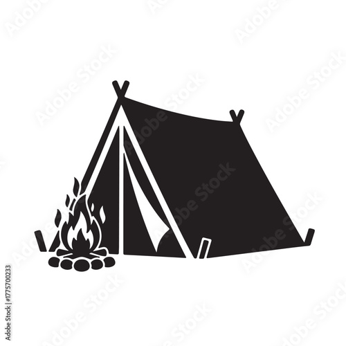 Camping Adventure Illustration Black and White Outdoor Recreation Holiday Tent Bonfire Vacation Trip Nature Tourism Wilderness Adventure