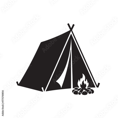 Camping Bonfire Tent Illustration Black and White Outdoor Adventure Vacation Holiday Campfire Nature Tourism Travel Wilderness Trip Icon