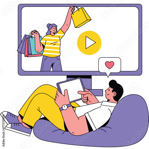 Man watches shopping video on tablet while woman holds shopping bags on screen