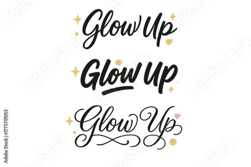 Glow Up Designs. Glow Up. Create a calligraphy lettering illustration of the phrase: Glow Up. Render 3