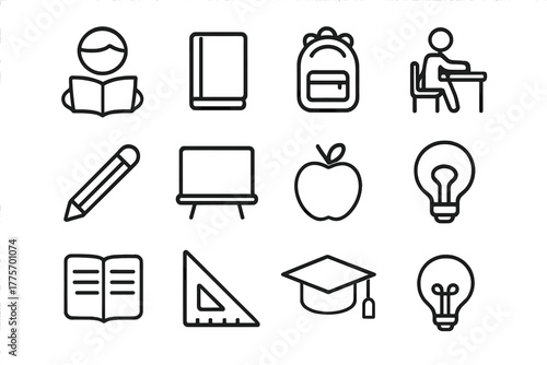 Student Learning Icons. Student learning. Line outline icon set of student learning: student, book, backpack,