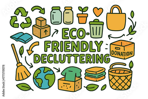 Eco-Friendly Decluttering Icons. Eco-Friendly Decluttering. Hand-drawn doodle illustration of eco-friendly