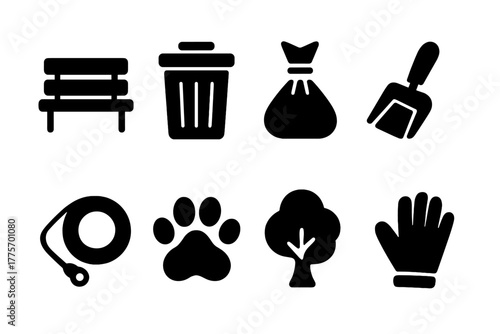 Outdoor Cleanup Icons. Outdoor cleanup. Filled icon set of outdoor cleanup: park bench, trash can, poop bag,