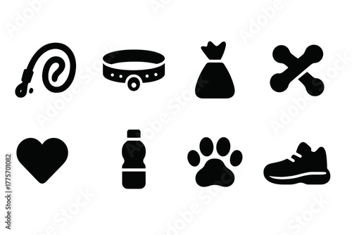 Dog Walking Essentials. Dog walking essentials. Filled icon set of dog walking essentials: leash, collar, poop