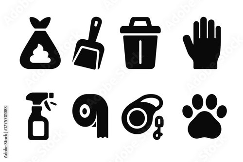 Pet Cleanup Icons. Cleaning up after pets. Filled icon set of cleaning up after pets: poop bag, scoop, trash