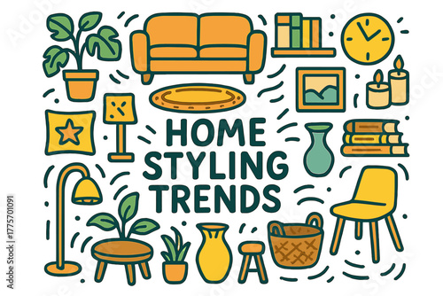 Home Styling Doodles. Home Styling Trends. Hand-drawn doodle illustration of home styling trends. Sofa, plant,