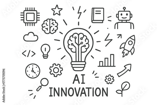 AI Innovation Doodle. AI innovation. Hand-drawn doodle illustration of AI innovation. In the middle, one
