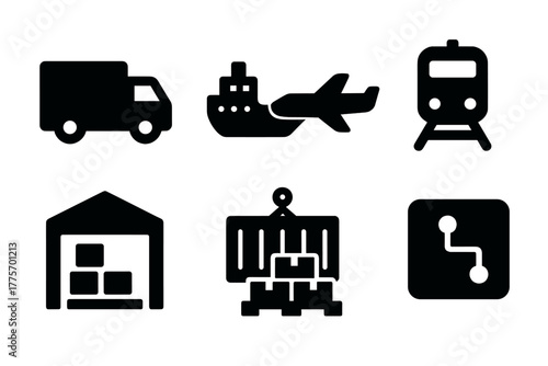 Freight Icons Set. Freight logistics. Filled icon set of freight logistics: truck, cargo ship, airplane, train