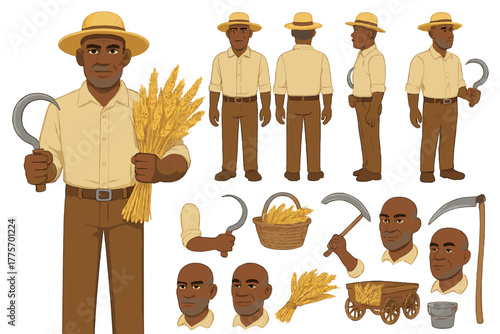 Wheat Farmer Cartoon. Cartoon realistic vector illustration, Character constructor style, isolated transparent