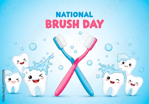 Celebrating national brush day with toothbrushes and happy teeth isolated on white background