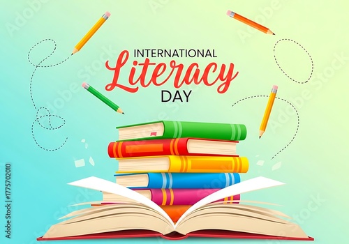 Colorful books and pencils celebrate international literacy day with education theme