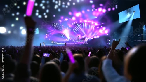 Wallpaper Mural A wide-angle view of a massive concert stage bathed in neon lights, faceless performers moving with energy, and a cheering crowd waving glowing signs, defocused background, with co Torontodigital.ca