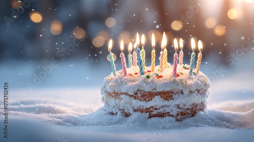 Birthday cake with candles surrounded by winter snow. Winter celebration