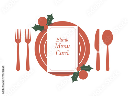 A blank menu card is placed on a plate with cutlery and festive decorations