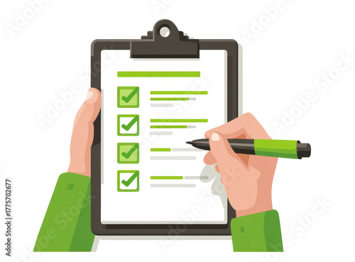 Hands holding a clipboard with a checklist, pen in hand, ready for marking