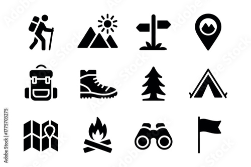 A collection of vector icons representing outdoor activities and camping essentials.