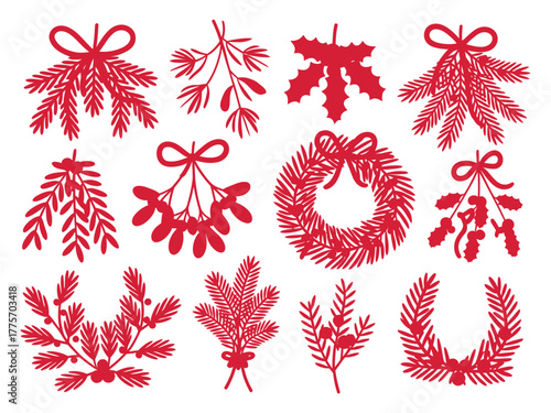 A collection of festive red Christmas foliage illustrations adorns a white background.