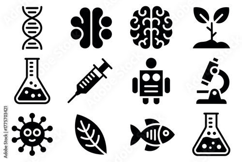 A collection of science-related icons including DNA, brains, plants, and lab equipment.