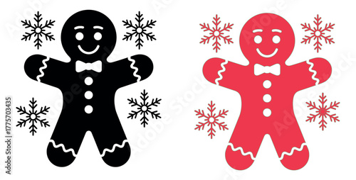 Two gingerbread men, one black and one red, are decorated with snowflakes.