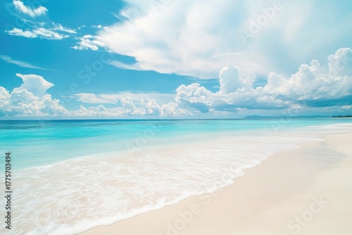 Wallpaper Mural Tropical beach with white sand, turquoise sea, and bright sky filled with soft clouds, ideal for summer travel, vacation posters, and relaxation background designs Torontodigital.ca