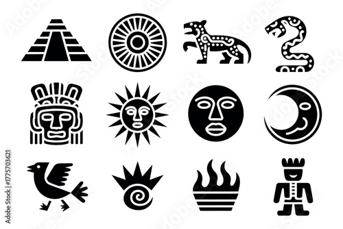 A collection of ancient Mesoamerican symbols including a pyramid, sun, moon, jaguar, and serpent.