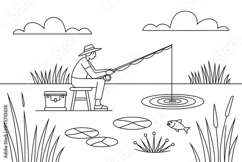 A person sits on a stool and fishes in a pond with reeds and lily pads around them.
