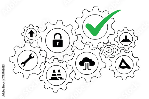A series of interconnected gears with various symbols represent a complex system of operations and processes.