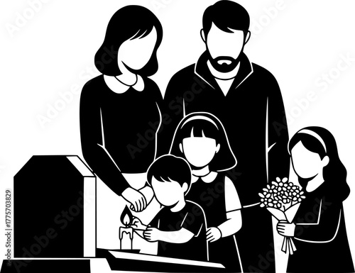 All souls day with family visiting grave and lighting candle to remember dead
