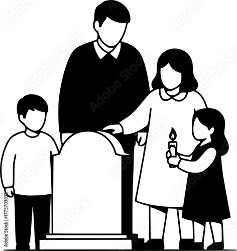 All souls day with family visiting grave and lighting candle to remember dead
