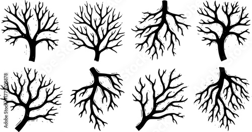 Black and white grunge linocut vein stain illustration set for artistic projects
