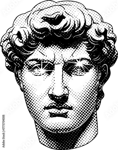 Ancient bust in halftone style with light accents for artistic design
