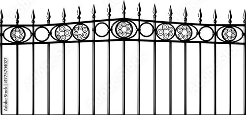 Ornate black metal fence with pointed finials and circular accents white
