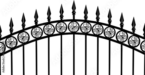 Ornate black metal fence with pointed finials and circular accents white
