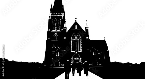 Silhouette of a church with people walking towards the entrance in black and white
