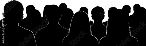People heads silhouette. The audience sitting back view vector illustration. Back crowd.
