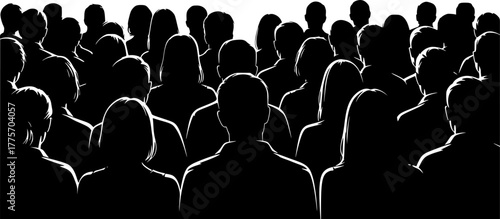 People heads silhouette. The audience sitting back view vector illustration. Back crowd.
