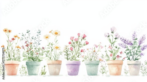 Wallpaper Mural Botanical Watercolor Potted Flowers on White Background Torontodigital.ca