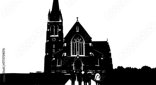 Silhouette of a church with people walking towards the entrance in black and white
