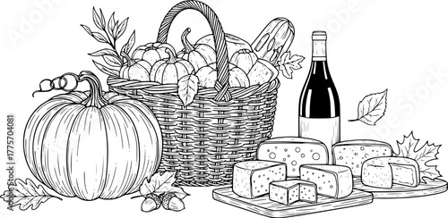 Autumn market essentials: basket, pumpkin, wine, and cheese collection for rustic design
