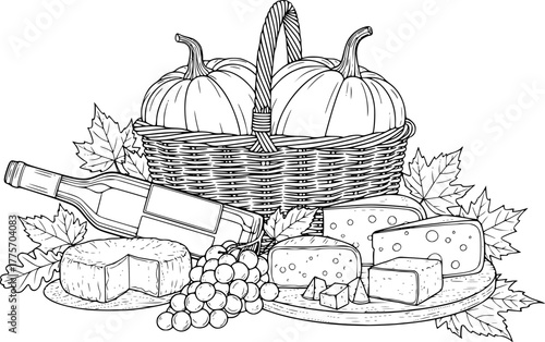 Autumn market essentials: basket, pumpkin, wine, and cheese collection for rustic design

