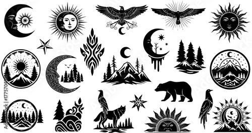 Tribal folk art blackwork: celestial and nature-inspired silhouette collection for design
