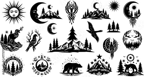 Tribal folk art blackwork: celestial and nature-inspired silhouette collection for design
