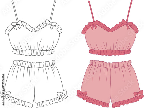 women’s ruffle pajama set with bow straps and shorts, cozy sleepwear vector illustration
