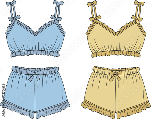 women’s ruffle pajama set with bow strap top and shorts, flat vector illustration