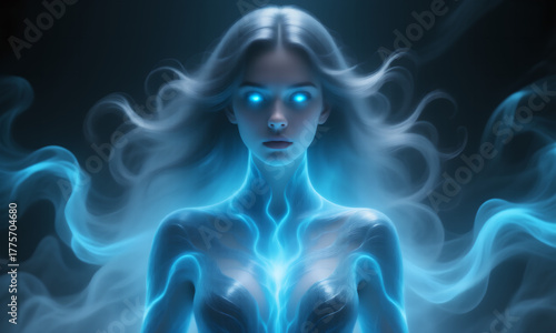 Ethereal Woman with Glowing Blue Eyes and Energy Aura in Dark Mystical Setting
