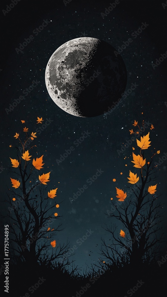 Naklejka premium Autumn leaves rising toward half moon in dark night sky