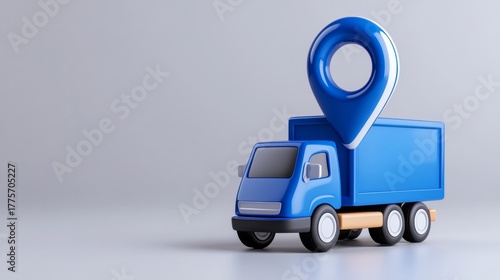 Clean Lines icon of a location pin and truck on white background with blue grey colors 3D render simple shapes