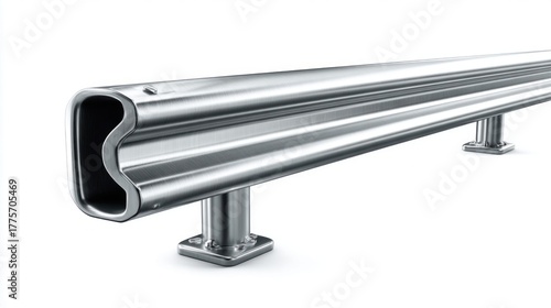metallic highway guardrail isolated on white background, safety barrier