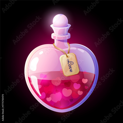 Magical love potion bottle in a shape of a heart with pink liquid inside on a dark background. Perfect for Valentine s Day, romance, fantasy, magic, or wedding themed designs, greeting cards, and